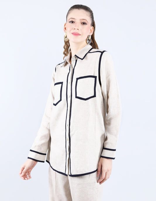 Beige/Navy Piping Shirt | Linen Bloom