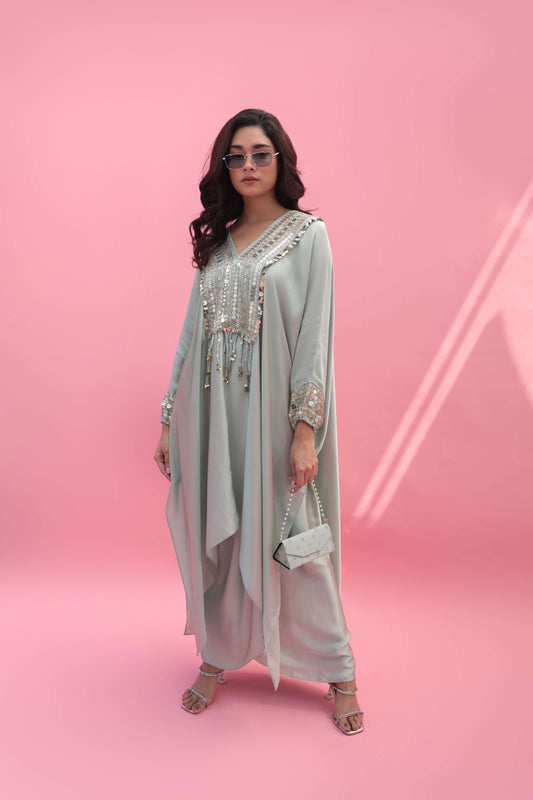 MISH Green Kaftan Set with Wrap Skirt | Prahnaaya