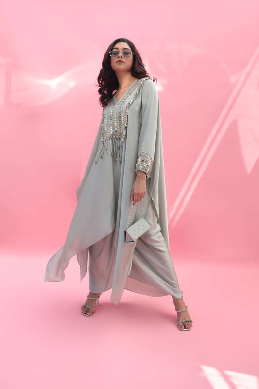MISH Green Kaftan Set with Wrap Skirt | Prahnaaya