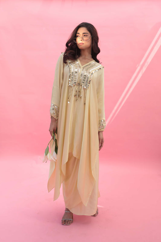 MISH Yellow Kaftan Set with Wrap Skirt | Prahnaaya