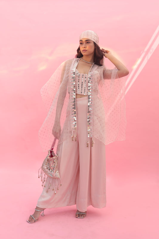 Yami Pink Blouse Set with Pant & Cape | Prahnaaya