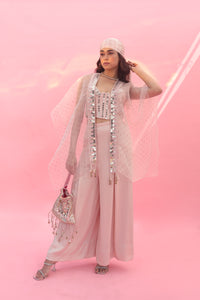 Yami Pink Blouse Set with Pant & Cape | Prahnaaya