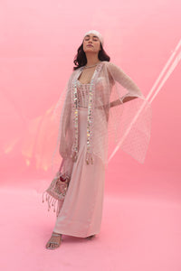 Yami Pink Blouse Set with Pant & Cape | Prahnaaya