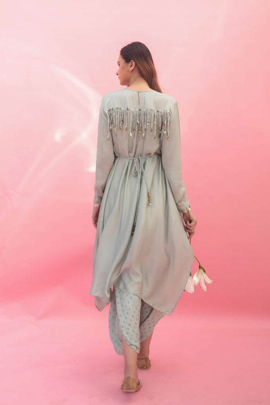 Saakura Green Indo-western Top with Dhoti Skirt | Prahnaaya