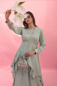 Saakura Green Indo-western Top with Dhoti Skirt | Prahnaaya