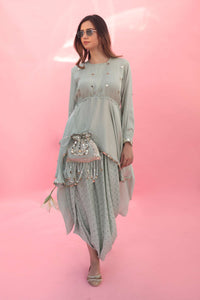 Saakura Green Indo-western Top with Dhoti Skirt | Prahnaaya
