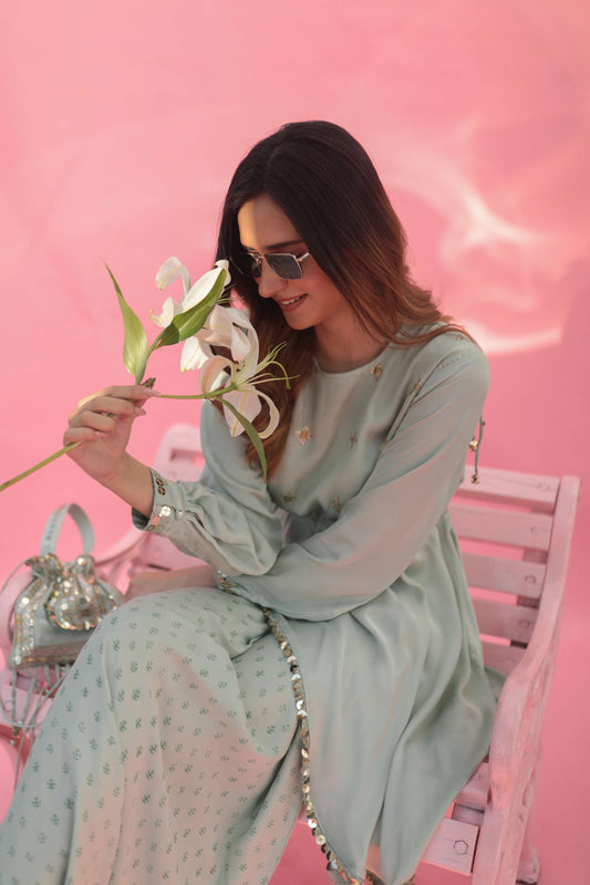 Saakura Green Indo-western Top with Dhoti Skirt | Prahnaaya