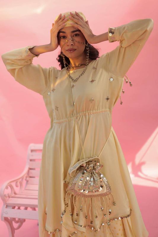 Saakura Yellow Indo-western Top with Dhoti Skirt | Prahnaaya