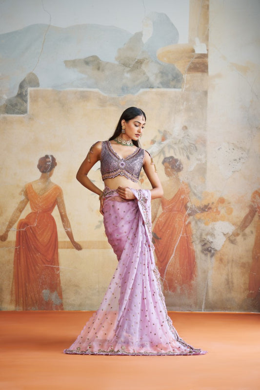 LAVENDER EMBROIDERED SAREE SET | Aashima Behl