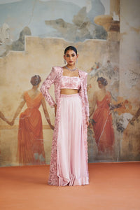 ROSE PINK FLORAL LONG JACKET SET | Aashima Behl