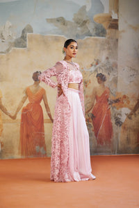 ROSE PINK FLORAL LONG JACKET SET | Aashima Behl