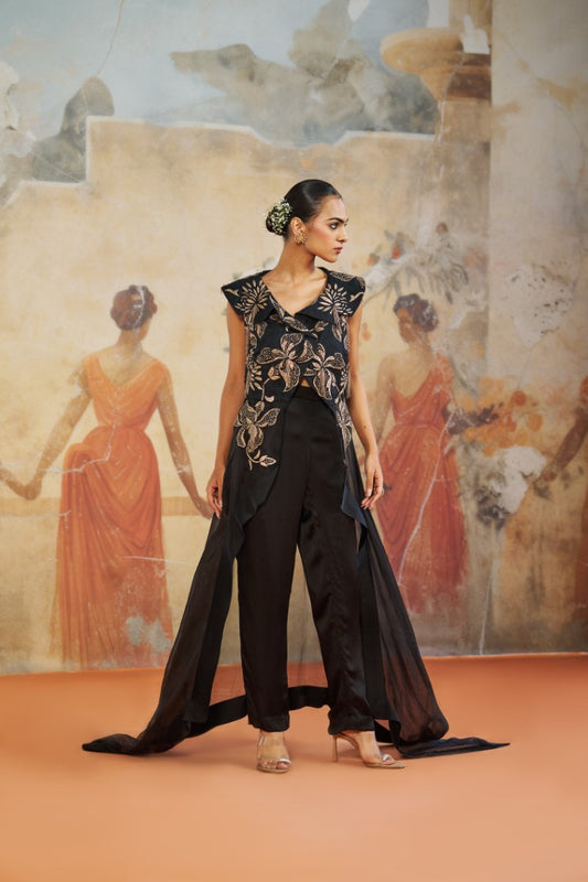 BLACK ASYMMETRICAL JACKET SET | Aashima Behl