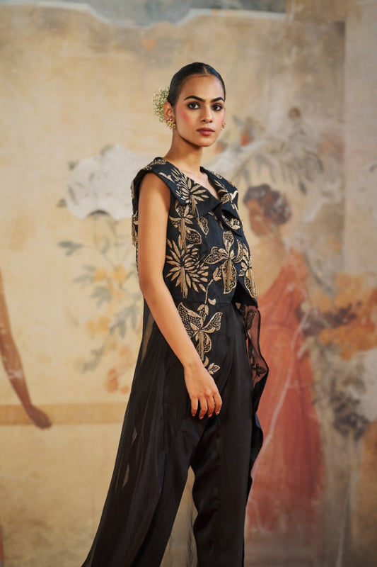 BLACK ASYMMETRICAL JACKET SET | Aashima Behl
