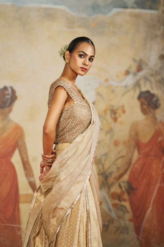 CHAMPAGNE BEIGE DRAPED SHARARA SET | Aashima Behl