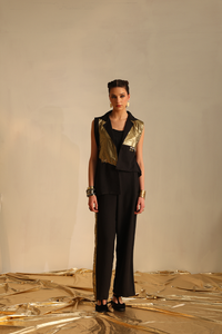 Long and short foil blazer set(Black) | Enech
