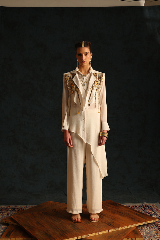 Assymetric shirt set with a cape blazer waistcoat(Off-white) | Enech