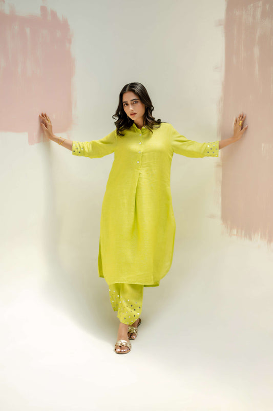 Mia Slim Kurta and Hand embroidered Pants - Neon | Prahnaayan