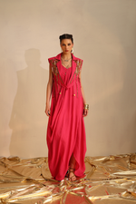 Cowl dress with a cape blazer waistcoat(Pink) | Enech