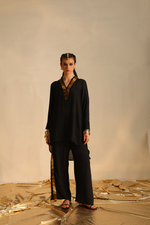 Overlap collar foil tunic set(Black) | Enech