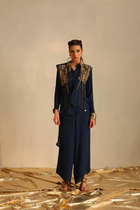 Waterfall shirt set with a panel waistcoat(Navy blue) | Enech
