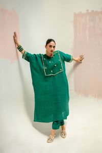Longline Kaftan Kurta with Pants - Green | Prahnaaya