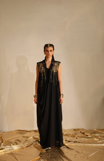 Cowl dress with a cape blazer waistcoat(Black) | Enech