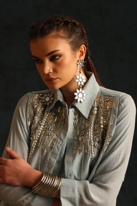 Long shirt set with a high-low waistcoat(Light blue) | Enech