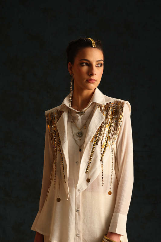 Assymetric shirt set with a cape blazer waistcoat(Off-white) | Enech