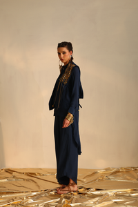 Waterfall shirt set with a panel waistcoat(Navy blue) | Enech