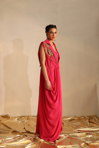 Cowl dress with a cape blazer waistcoat(Pink) | Enech