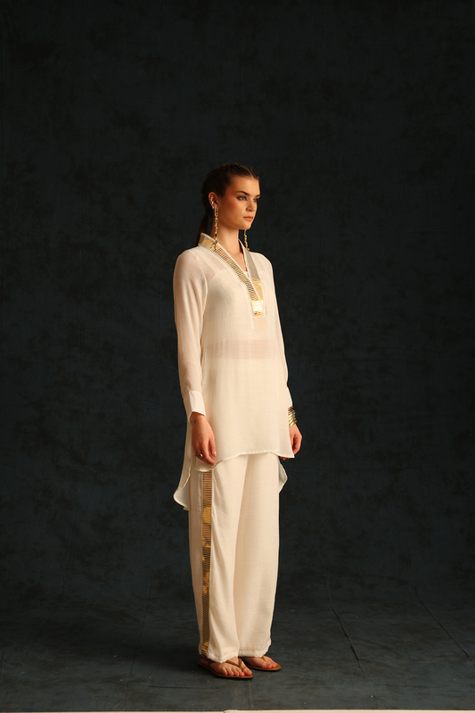 Overlap collar foil tunic set(Off-white) | Enech