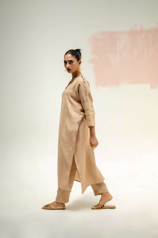 Star Antifit Linen Kurta with Pants - Beige | Prahnaaya