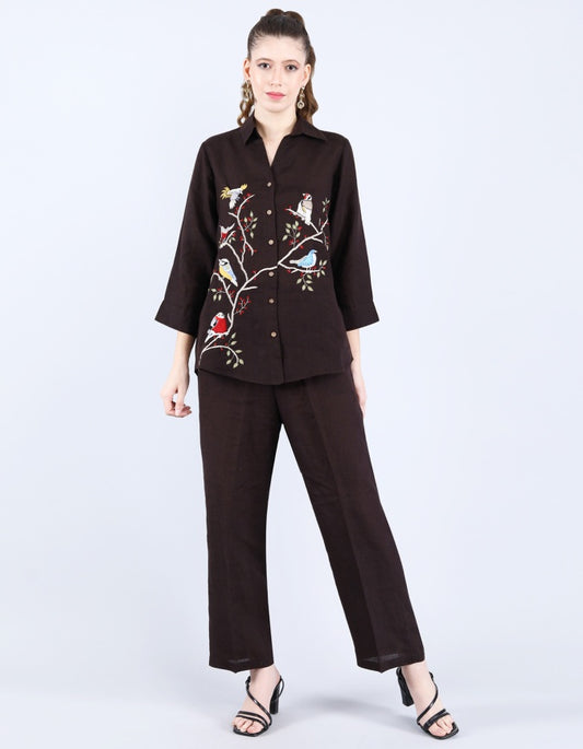 Choco Birds on Branch Black Linen Shirt | Linen Bloom