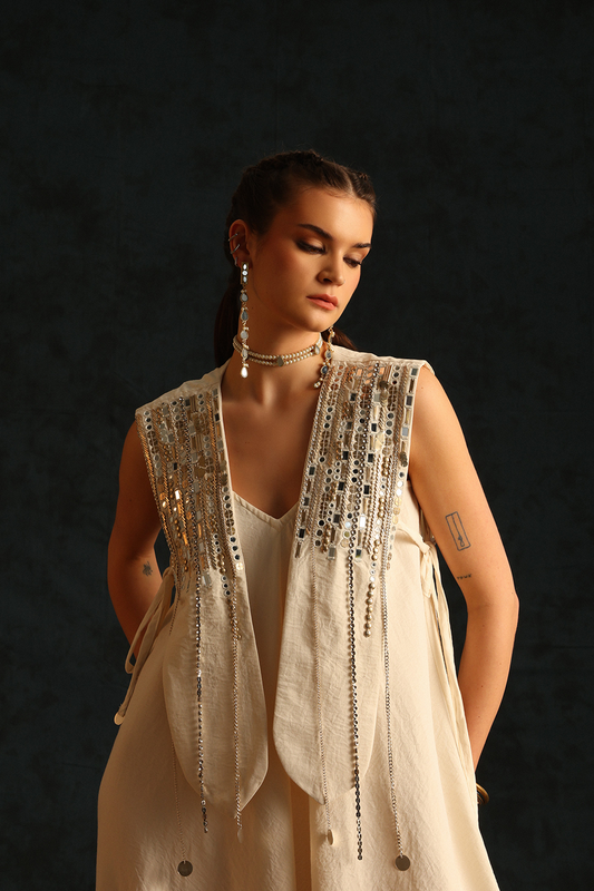 V-jumpsuit with a panel waistcoat(Off-white) | Enech