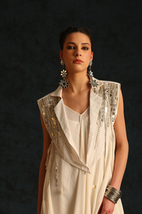 Cowl dress with a cape blazer waistcoat(Off-white) | Enech