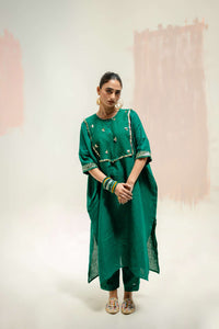 Longline Kaftan Kurta with Pants - Green | Prahnaaya