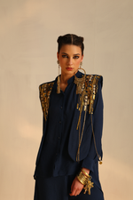 Waterfall shirt set with a panel waistcoat(Navy blue) | Enech