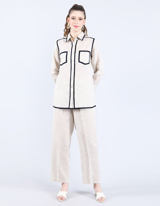 Beige/Navy Piping Shirt | Linen Bloom