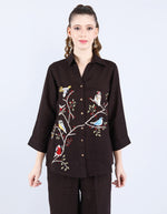 Choco Birds on Branch Black Linen Shirt | Linen Bloom
