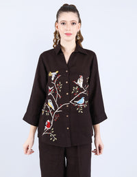 Choco Birds on Branch Black Linen Shirt | Linen Bloom