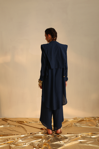Waterfall shirt set with a panel waistcoat(Navy blue) | Enech