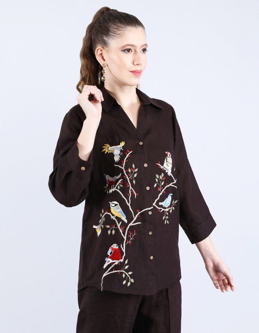 Choco Birds on Branch Black Linen Shirt | Linen Bloom