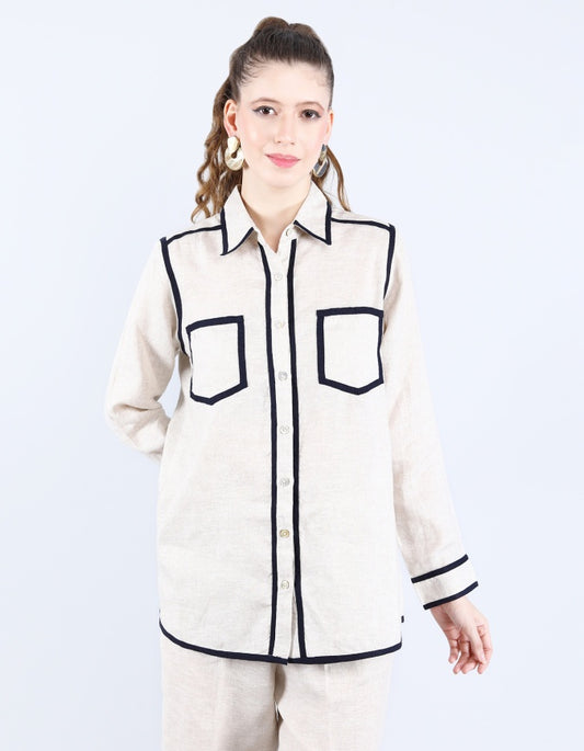 Beige/Navy Piping Shirt | Linen Bloom