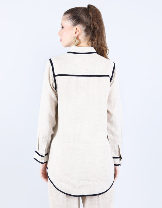 Beige/Navy Piping Shirt | Linen Bloom