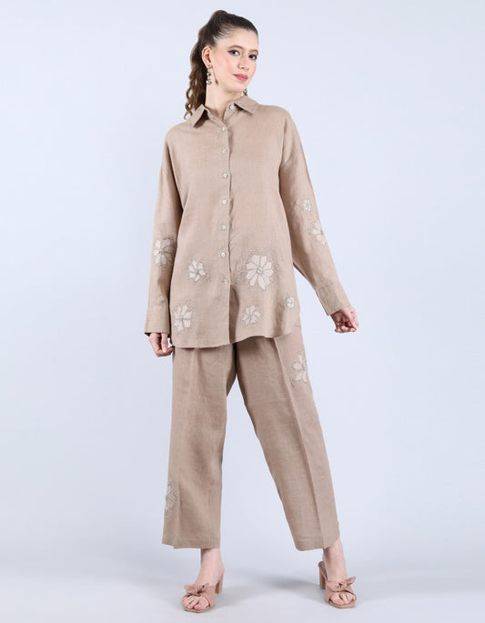 Linen Khakhi Patti and Sequin Work set | Linen Bloom