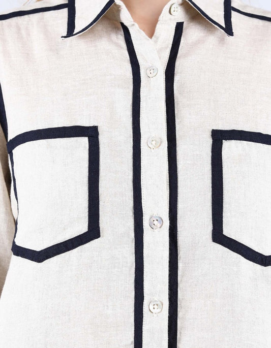 Beige/Navy Piping Shirt | Linen Bloom