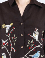 Choco Birds on Branch Black Linen Shirt | Linen Bloom