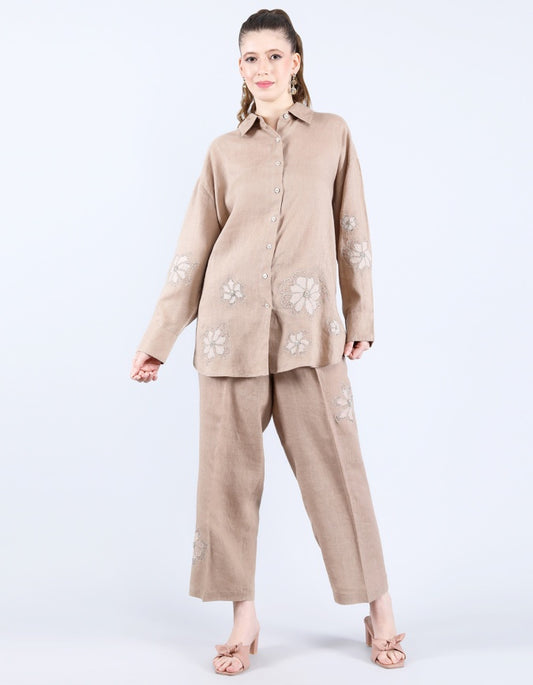 Linen Khakhi Patti and Sequin Work set | Linen Bloom