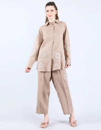 Linen Khakhi Patti and Sequin Work set | Linen Bloom
