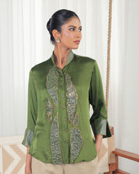 Bhumi Olive Green Satin Shirt | AMBR